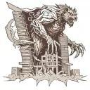 A beast emerging from between two collapsing skyscrapers that were hit by a Boeing 767 tattoo design idea