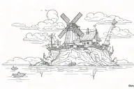 Windmill island floating in the sky by Gorillaz music videos  tattoo design idea