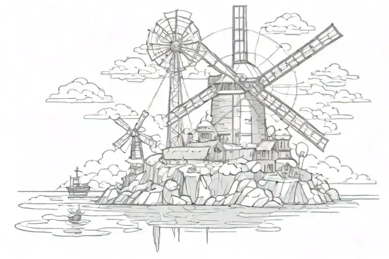 Windmill island floating in the sky by Gorillaz music videos  tattoo design idea