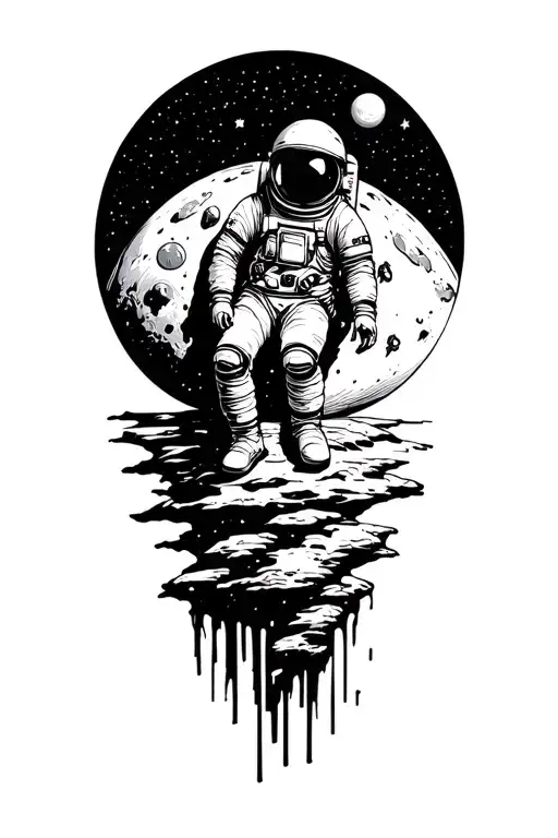 astronaut sitting on top of the moon surrounded tattoo design idea