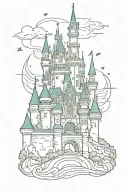 Disney castle in black lines with Mickey silhouette in watercolour tattoo design idea