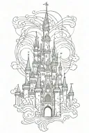 Disney castle in black lines with Mickey silhouette in watercolour tattoo design idea