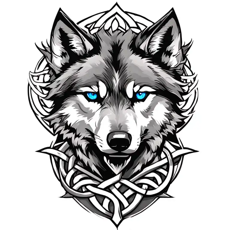 wolf with blue eyes on armor tattoo design featuring Celtic trinity knot  tattoo design idea
