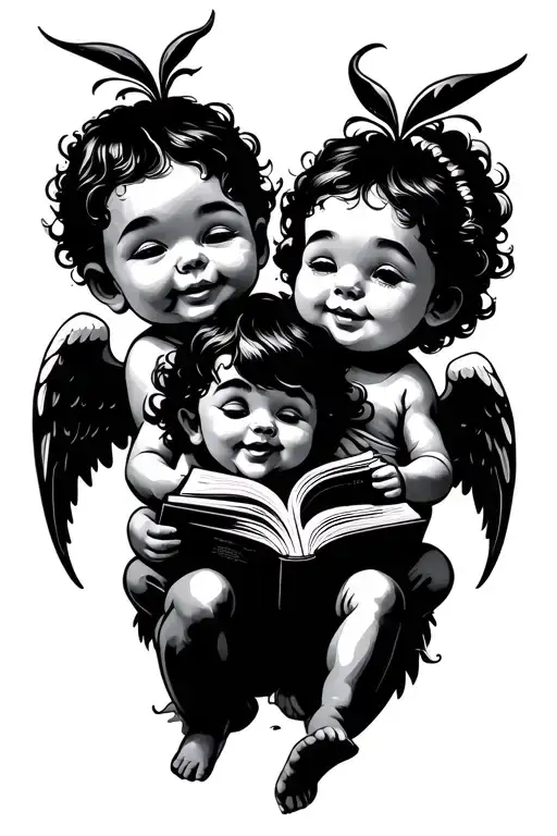 3 baby angels one playing video game one smiling and one reading a book tattoo design idea