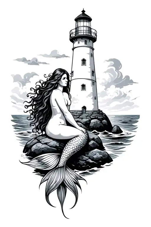 traditional lighthouse and mermaid sitting on a rock tattoo design idea