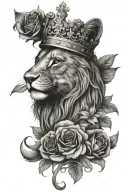 Lion wearing English crown, English fox with roses and Cinquefoil tattoo design idea