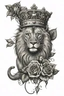 Lion wearing English crown, English fox with roses and Cinquefoil tattoo design idea
