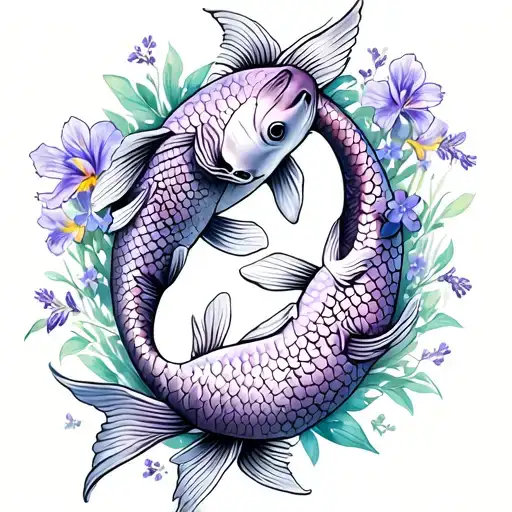 2 koi fish swimming in same direction with lavender, camellia, forget-me-not and iris flowers tattoo design idea