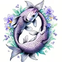 2 koi fish swimming in same direction with lavender, camellia, forget-me-not and iris flowers tattoo design idea