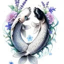 2 koi fish swimming in same direction with lavender, camellia, forget-me-not and iris flowers tattoo design idea