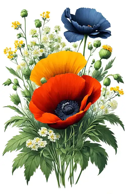 Symmetrical poppy and yarrow flower arrangement with foliage in the background tattoo design idea