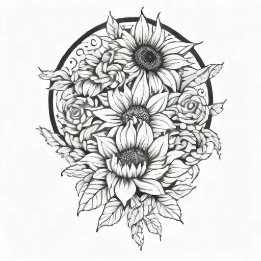 large sunflower surrounded by a rose and chrysanthemum flowers tattoo design idea