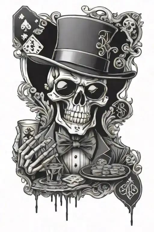 half table poker player skeleton with top hat with sunglasses showing reflection of game in hand tattoo design idea