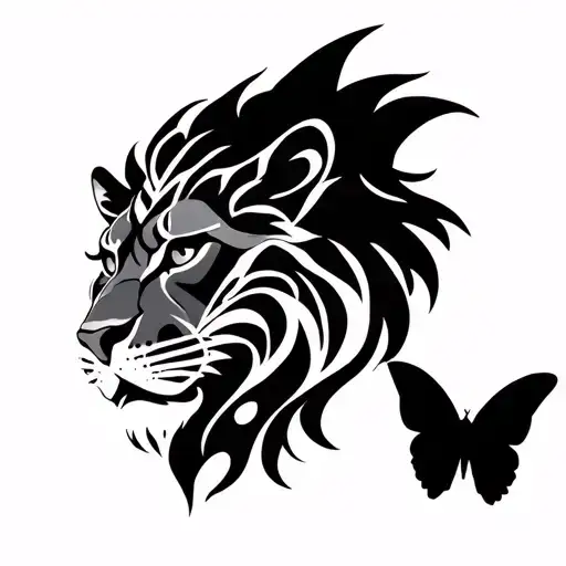 tribal lion face inside emperor butterfly outline tattoo design idea