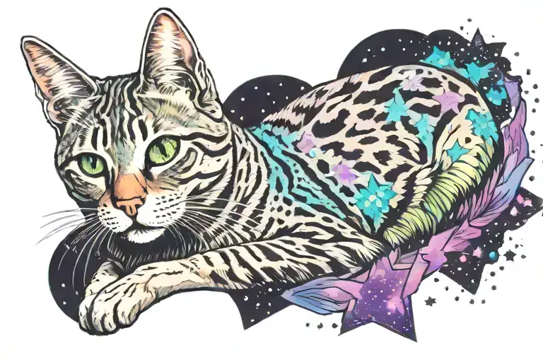 Skinny female tabby cat portrait, Galaxy, Stars, Space, Blue Green purple white black, spot on face, tattoo design idea