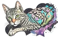 Skinny female tabby cat portrait, Galaxy, Stars, Space, Blue Green purple white black, spot on face, tattoo design idea