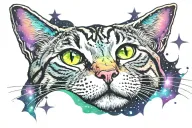 Skinny female tabby cat portrait, Galaxy, Stars, Space, Blue Green purple white black, spot on face, tattoo design idea