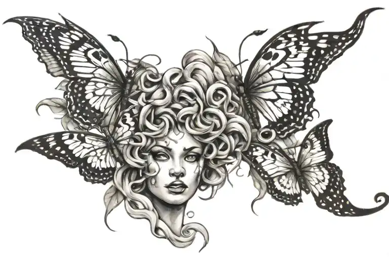 butterflies around medusa and realistic lightning bolts tattoo design idea