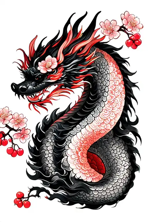 cherry blossom tree, Japanese dragon wrapped, Japanese black cloud tattoo design idea