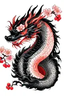 cherry blossom tree, Japanese dragon wrapped, Japanese black cloud tattoo design idea