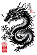 cherry blossom tree, Japanese dragon wrapped, Japanese black cloud tattoo design idea