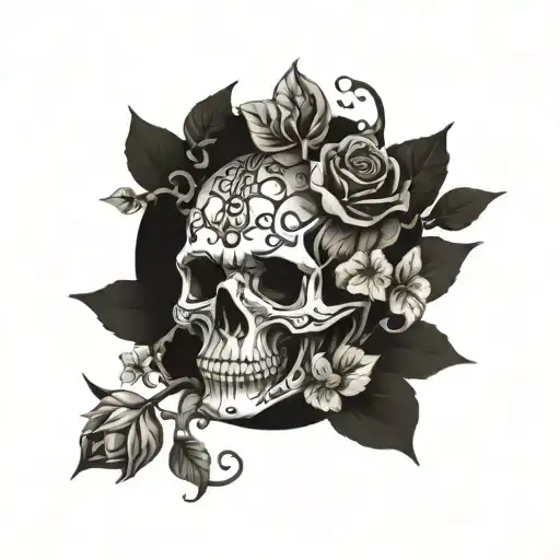 tattoo vector of vines growing out an aged skull with cracks in its temple and hourglass embedded in its nose bone wit tattoo design idea