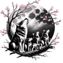 cherry blossoms, Momma wolf and 4 pups howling at a full moon tattoo design idea