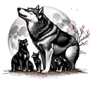 cherry blossoms, Momma wolf and 4 pups howling at a full moon tattoo design idea