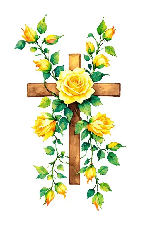 cross with yellow rose buds and vine wrapping tattoo design idea