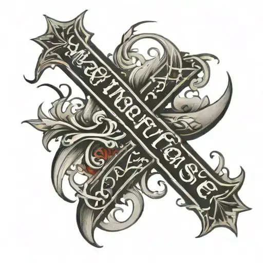 collarbone tattoo with the word masterpiece in a script font, and the t in the word looks like a cross. red ink. tattoo design idea