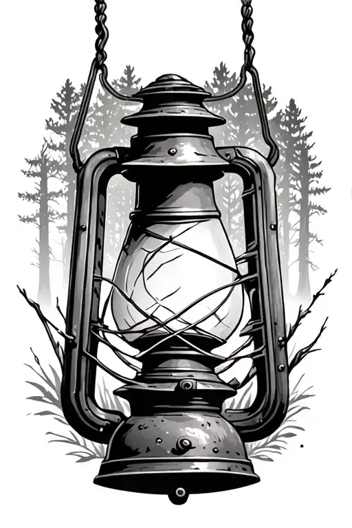 old rusty lantern in forest tattoo design idea