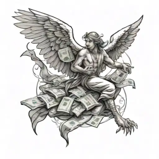 A tattoo design of a hustler angel counting money with mini draco dragons flying around, representing ambition and power tattoo design idea