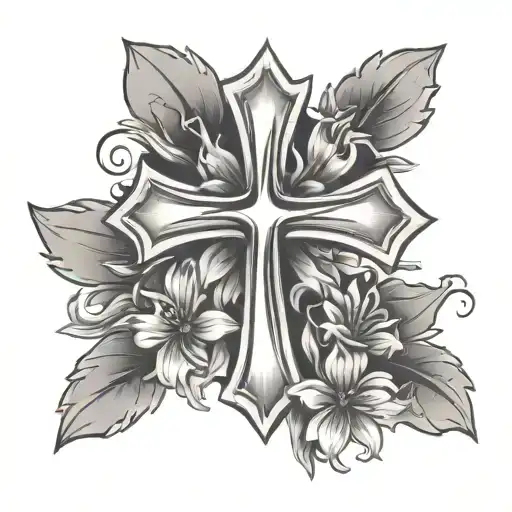 small simple cross with aster flowers going around the cross tattoo design idea