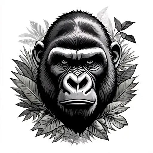 fierce gorilla face surrounded jungle scene tattoo design idea