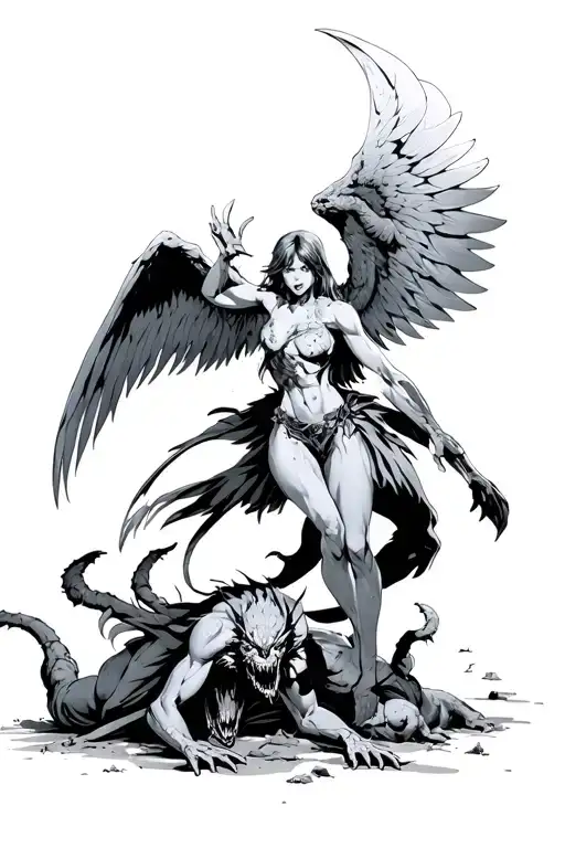 Battle Angel with defeated demons on the ground protecting himself tattoo design idea