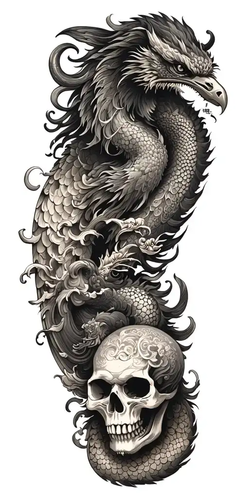 Chinese dragon and phoenix and skull and moon and raven tattoo design idea