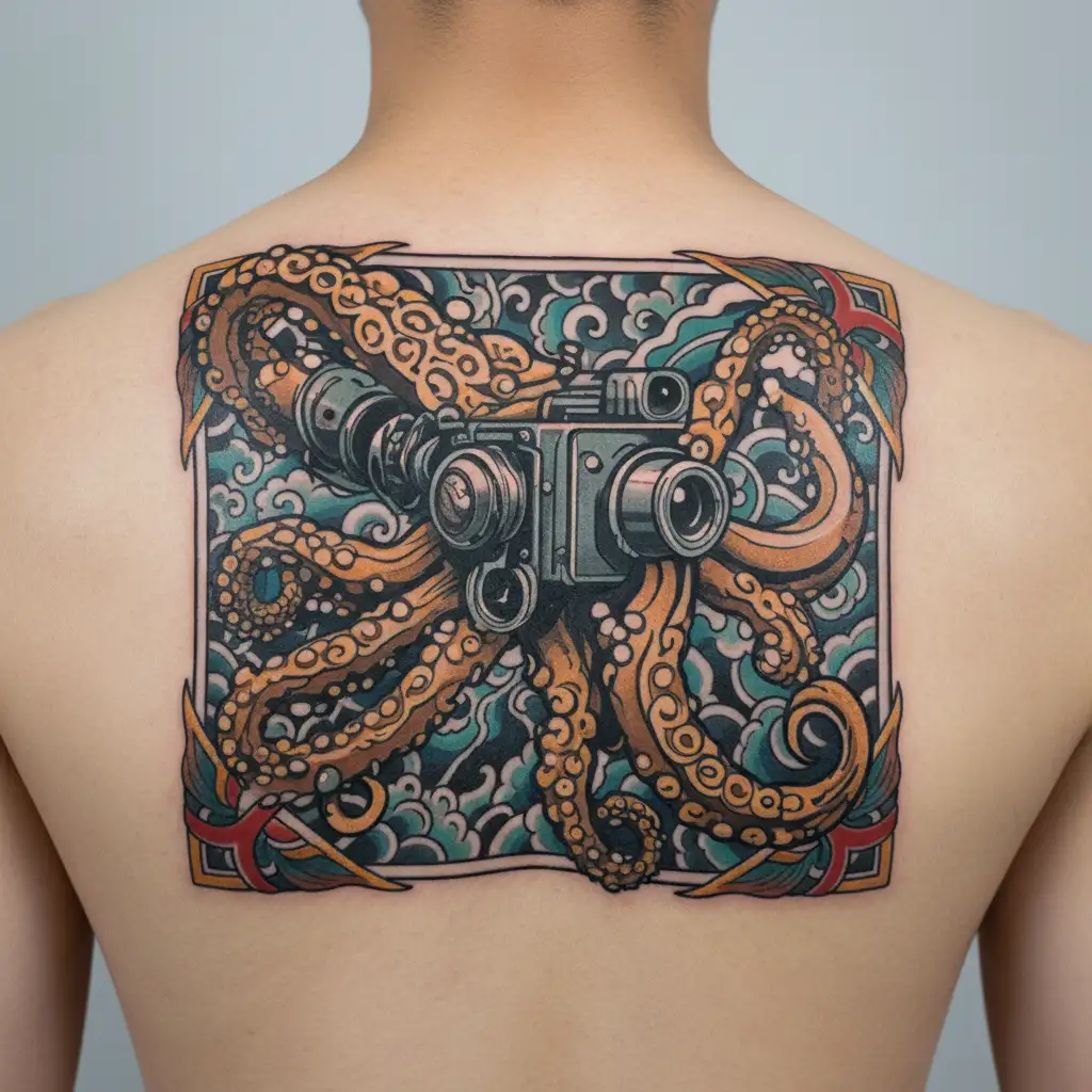 A traditional tattoo of a cybernetic octopus shooting ink like a gun, with a backdrop of a sandy beach and crashing waves tattoo design idea