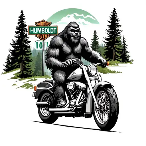 Bigfoot riding a Harley-Davidson past the green and white Humboldt County Line and the 101 sign in the redwoods tattoo design idea