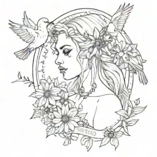 text "My Princess Josephine" bold gothic style with black daisies, birds, and blood tattoo design idea