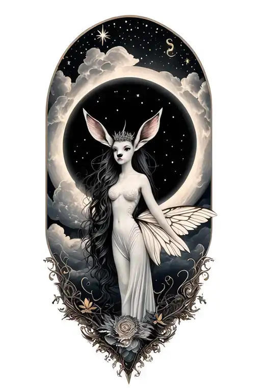 Gothic Fairy moon stars clouds swans fawn dragon tattoo design idea