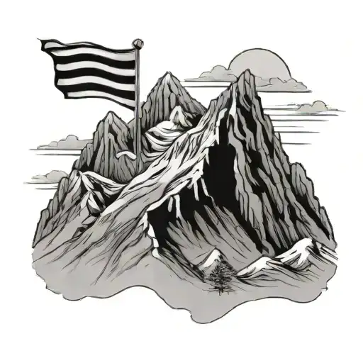 3 mountains the one in the middle largest with silhouette of man with a flag in the peak and the words “Dedication over  tattoo design idea