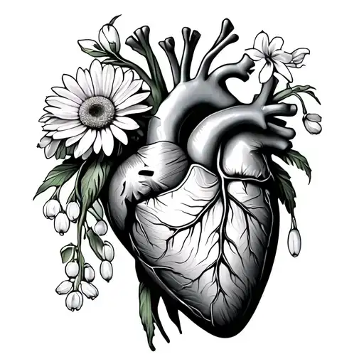 Anatomical heart with chrysanthemum, narcissus, Lily of the valley, and forget me not’s sprouting from the top.  tattoo design idea