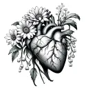 Anatomical heart with chrysanthemum, narcissus, Lily of the valley, and forget me not’s sprouting from the top.  tattoo design idea