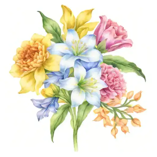 posy of single flower each marigold, primrose, lily of the valley, aster, chrysanthemum, and narcissus tied wistfully  tattoo design idea
