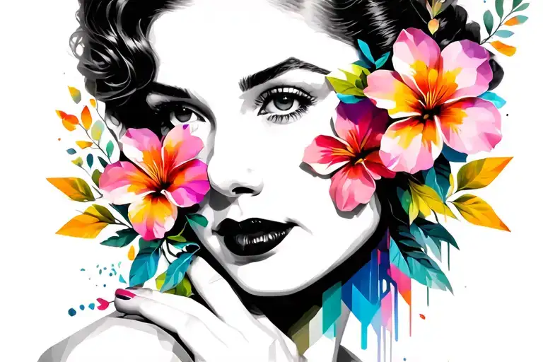Hoya flowers geometric abstract realism with black and white portrait of a 50’s woman and color in other elements  tattoo design idea