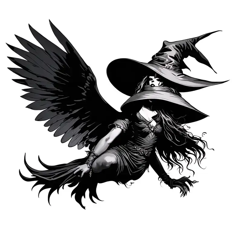 Transparent witch flying tattoo design idea