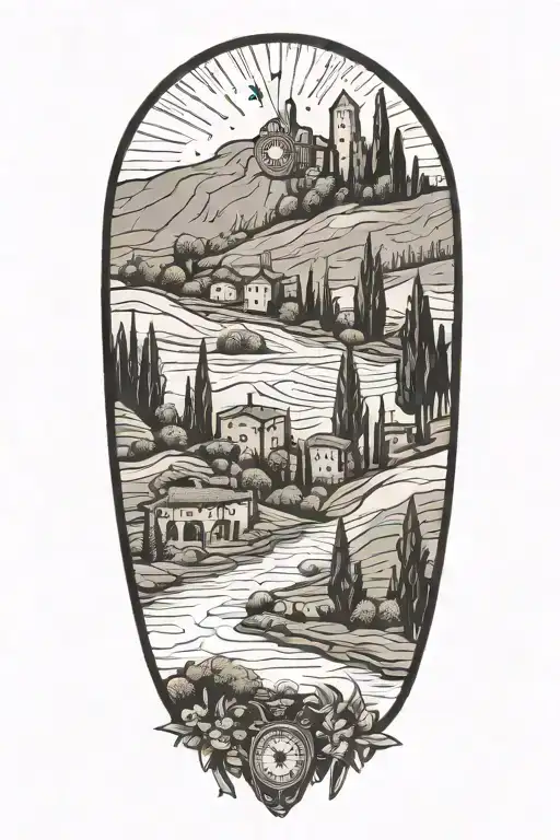 italian tuscany landscape with olive and cypress trees and flowers and compass  tattoo design idea