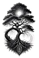 Tree of life where the roots form a dna strands. Use geometrical patterns if possiblr.  tattoo design idea