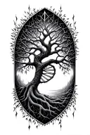Tree of life where the roots form a dna strands. Use geometrical patterns if possiblr.  tattoo design idea