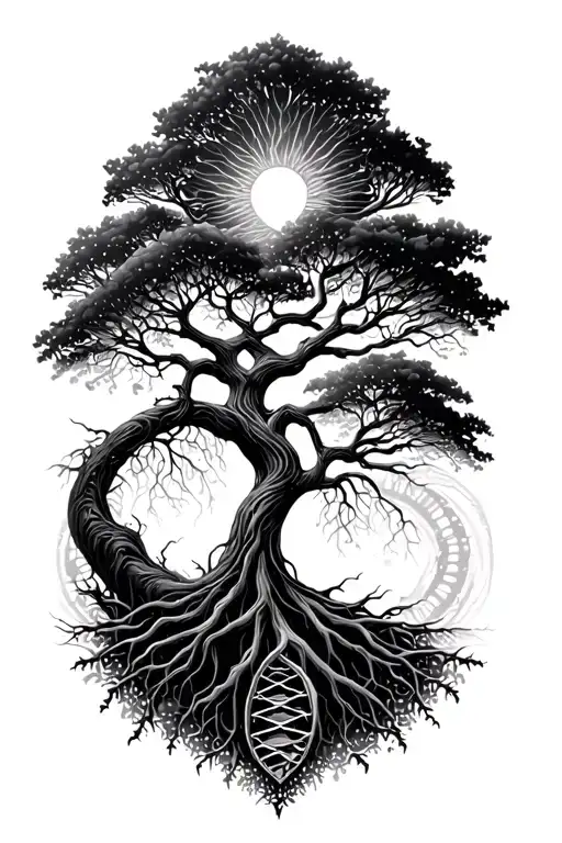 Tree of life where the roots form a dna strands. Use geometrical patterns if possiblr.  tattoo design idea